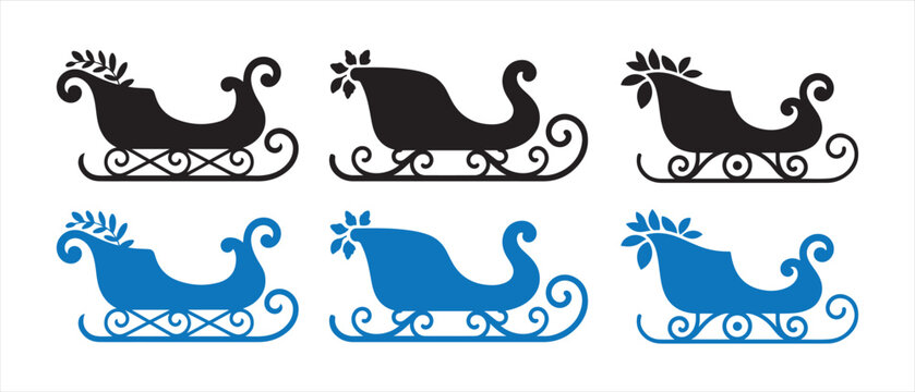 Set of black and blue christmas santa sleigh icons for holiday design.
