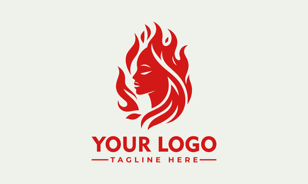 Elegant female profile merged with fire flames vector logo illustration for beauty and passion