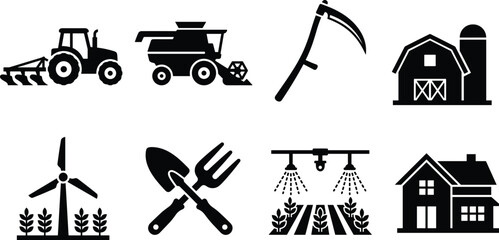 Agriculture and farming silhouette icons set including tractor combine harvester barn windmill gardening tools irrigation system and farmhouse © MdShahadot