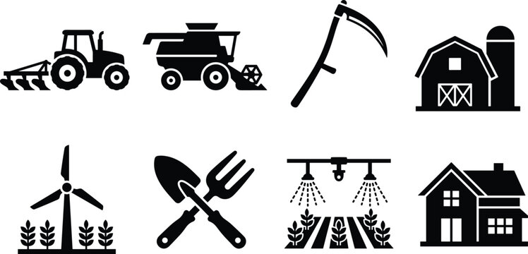 Agriculture and farming silhouette icons set including tractor combine harvester barn windmill gardening tools irrigation system and farmhouse