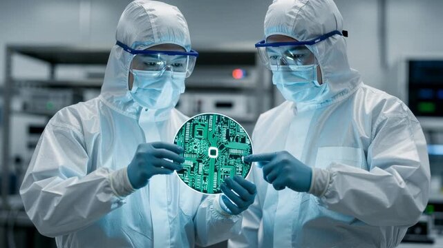 Scientists in cleanroom suits examining a semiconductor wafer in high tech laboratory environment