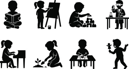 Children activity silhouettes collection featuring kids reading painting building blocks science experiments playing piano gardening and solving puzzles © MdShahadot