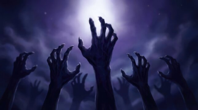 Reaching zombie hands emerging from darkness dramatic halloween illustration