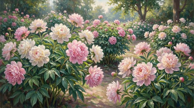 Impressionist Oil Painting of Blooming Peony Garden with Large Pastel Blossoms