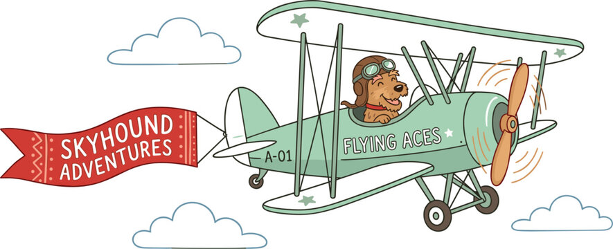 Vintage aviator dog pilot vector set with flat cartoon cat pilot fox character propeller biplane and flying banner ribbon illustration