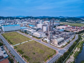 Fototapeta premium High angle view of technology campus with landscaped courtyards