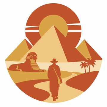 Ancient Egyptian Scene with Pyramid and Sphinx in Sunset Landscape.