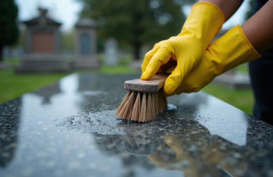 Person in yellow gloves scrubs granite tombstone with brush. Cemetery upkeep, respectful memorial care. Water cleans grave marker surface. Honoring deceased, family tradition.