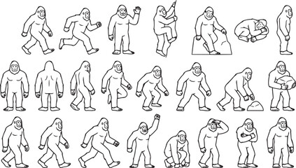 Fototapeta premium Yeti Line Art Pose Set Mythical Monster Outline Vector Collection