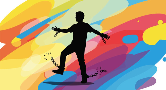 Silhouette of a man breaking free from metal chains.