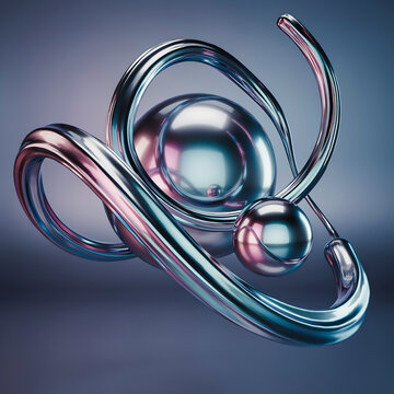 Metallic coiled spring with spherical elements a 3d rendering against a gradient blue background coil chrome round