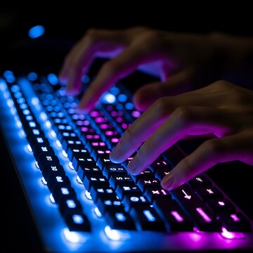 Close up of a modern computer keyboard with colorful lighting.