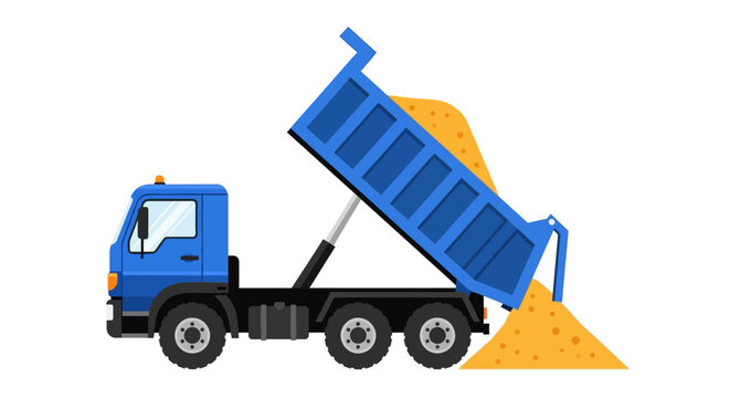 Blue Dump Truck Unloading Sand Illustration, Flat Vector Industrial Tipper Truck Isolated on White Background