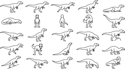 Fototapeta premium Dinosaur Line Art Pose Set Prehistoric Animal Outline Vector Collection