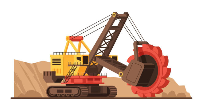 Massive Bucket Wheel Excavator in Open Pit Mine Illustration. Heavy Industrial Machinery for Surface Mining and Coal Extraction.
