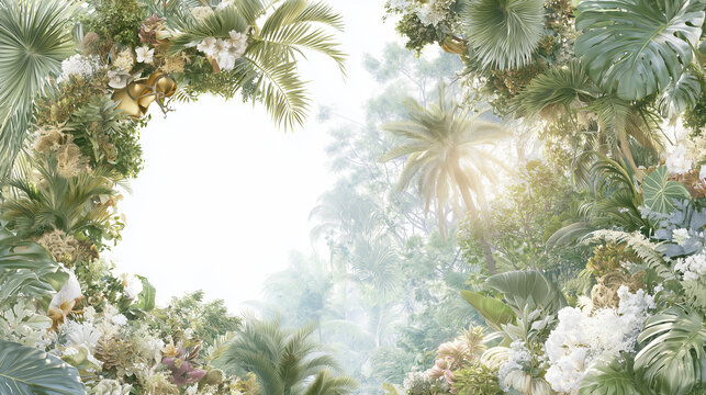 Lush tropical jungle background with green palm and monstera leaves, soft sunlight and misty atmosphere, ideal for nature, eco, wellness and summer design.