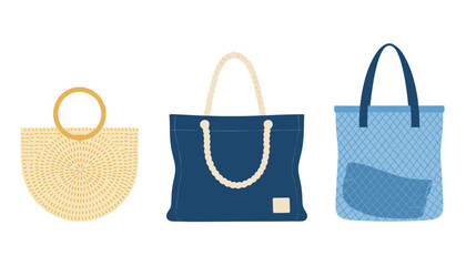 Summer beach bags collection featuring woven straw handbag, blue canvas tote with rope handles, and mesh shopping bag. © Jfn