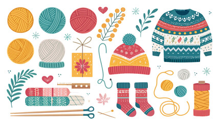 Fototapeta premium Set of knitting tools and winter clothes, including yarn balls, sweater, hat, socks, and needles, flat vector illustration