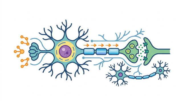 Neuron cell body axon and dendrites illustration.