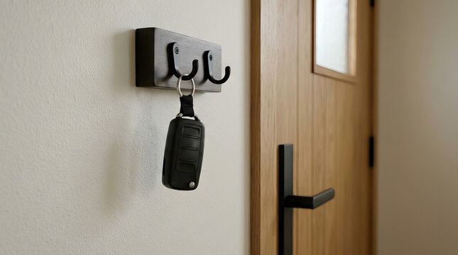 Modern wall mounted key hook rack with car key fob near wooden door.