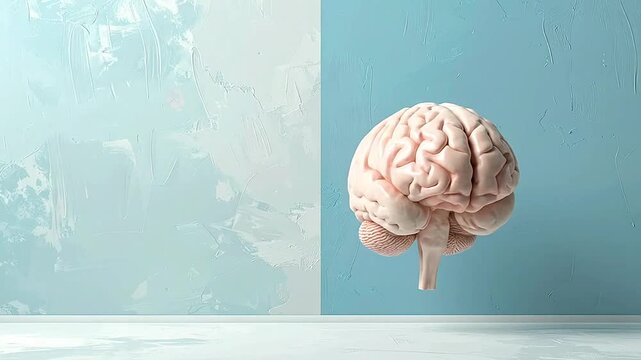Human brain model floating against a textured blue and white wall