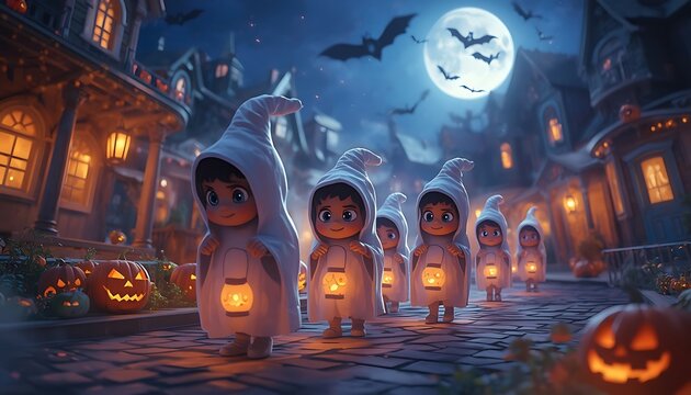 Charming little children dressed as friendly ghosts carry glowing lanterns, parading down a spooky yet festive street under the full moon on Halloween night