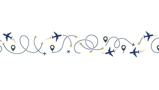 Seamless border pattern featuring blue airplanes flying along dotted paths with gold arrows and location pins.