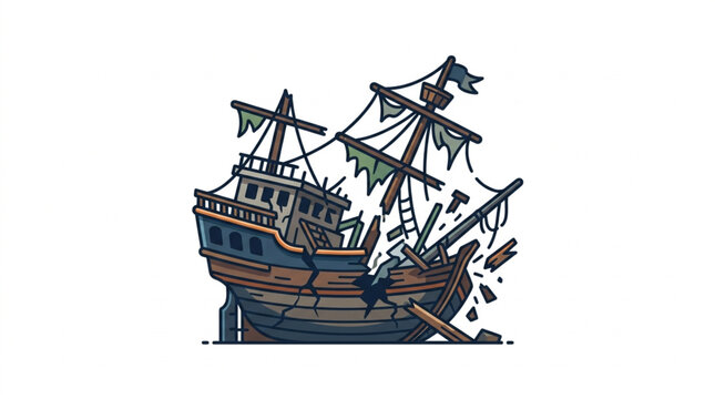 Old pirate ship wrecked and sinking illustration.