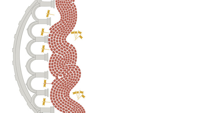 Vertical border pattern featuring grey arches of the Colosseum and crowd of red seats with yellow flags.