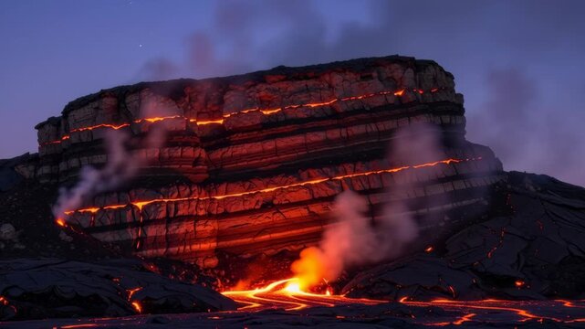 Volcanic eruption with lava flows.
