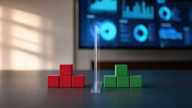 risk management governance optimization. Two sets of red and green blocks separated by a clear vertical divider on a table with a digital data screen in background.