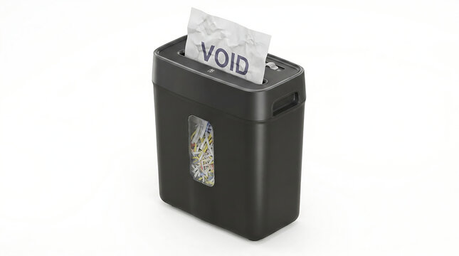 A black paper shredder destroying a document labeled with void text