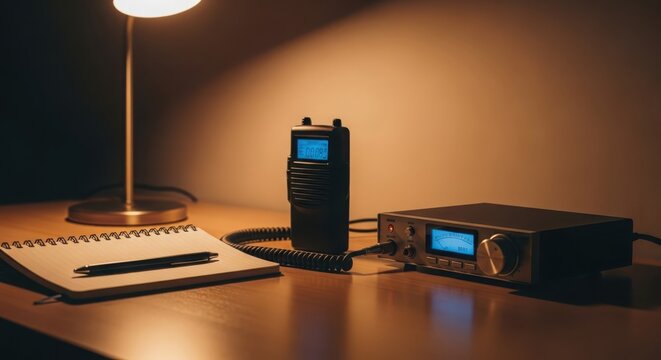 Vintage radio communication setup with microphone and receiver on a wooden desk, showcasing retro technology