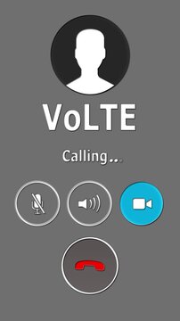 VoLTE incoming call screen animation with answer and decline buttons, mobile voice over LTE communication interface on dark tilted smartphone background.