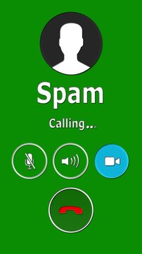 Incoming spam call alert screen animation with answer and decline buttons, unwanted caller warning mobile phone interface on dark background.