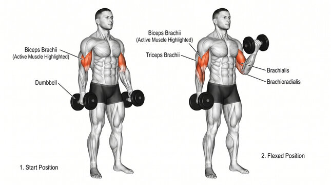 Dumbbell Bicep Curl Start and Flexed Position Muscle Diagram with Anatomical Labels