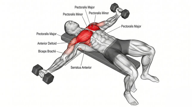 Dumbbell Chest Fly Exercise Anatomical Diagram Highlighting Pectoralis Major and Minor