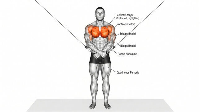 Cable Crossover Chest Fly Exercise Anatomical Diagram with Muscle Labels