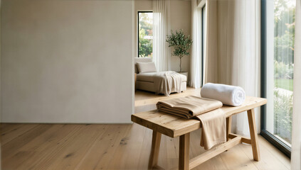 Fototapeta premium Serene morning light embraces a peaceful minimalist living space designed for ultimate comfort and calm