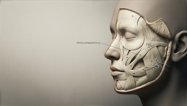 Unveiling the facial framework a detailed rendering of muscle and tissue layers showing cosmetic surgical thread placement