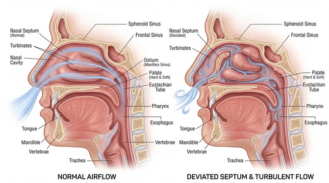 Journey through breath showing normal air passages contrasted with obstructed pathways from a deviated septum