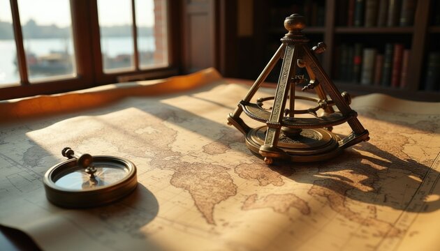 Old world map spread out with brass compass and sextant. Golden light streams through window illuminating navigational tools. Bookshelves filled with books in background.