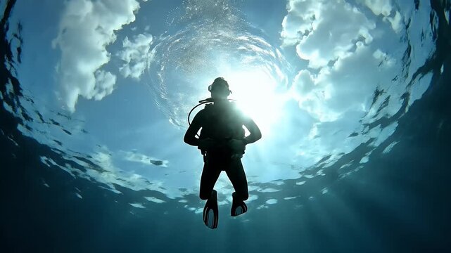 Silhouetted diver ascends toward bright sunlit surface with large bubble formation