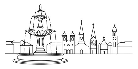 Fototapeta premium Black and white line art drawing of a water fountain in front of a historic european town square with old church towers and buildings