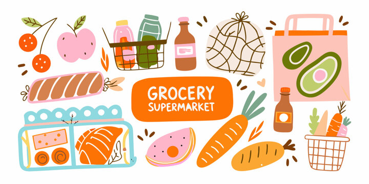 Grocery supermarket illustration with fruits vegetables and food packaging