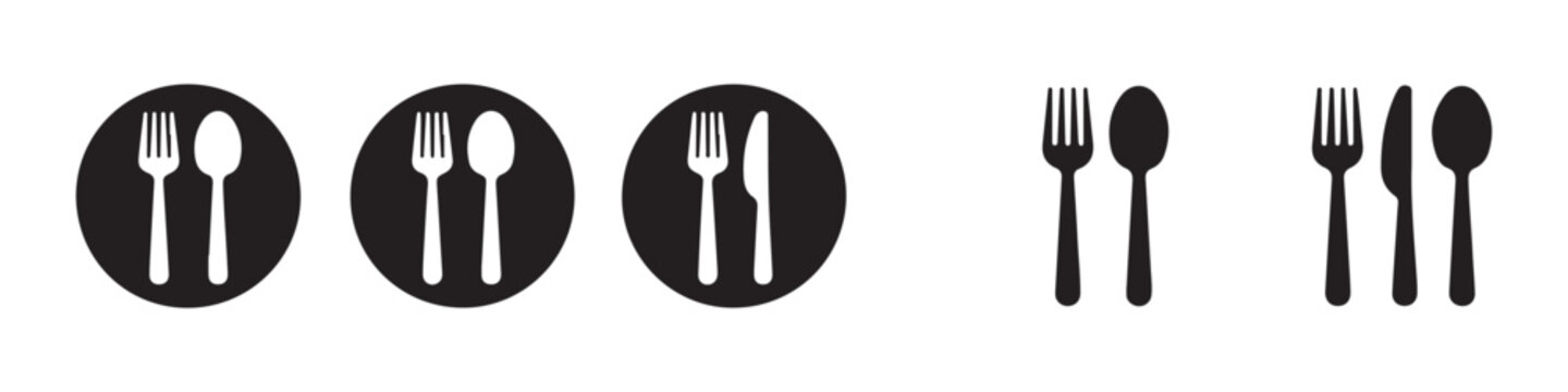 Black cutlery icons with fork spoon and knife set inside circles on transparent background vector.