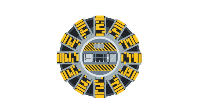 Top View Illustration of an Industrial Tunnel Boring Machine Cutter Head with Caution Stripes