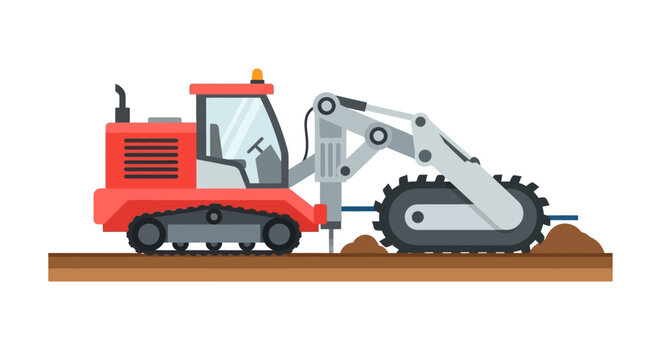 Red Construction Trencher Machine Vector Illustration, Industrial Ditcher and Rock Saw Equipment for Infrastructure Development and Utility Cable Laying