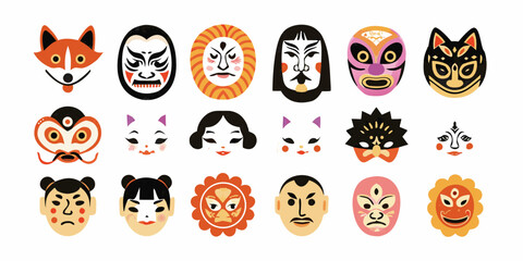 Fototapeta premium Collection Of Traditional Japanese Masks Flat Vector Illustration On White Background