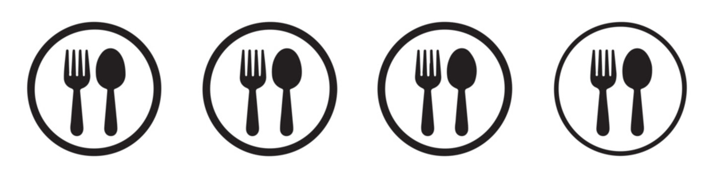 Modern flat cutlery icons featuring fork and spoon within circular borders on transparent backdrop.